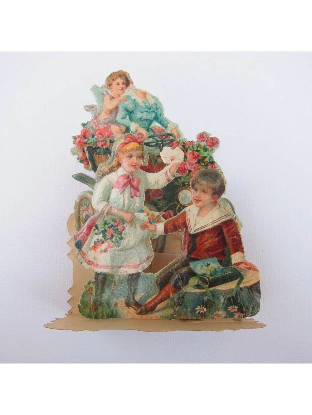 Vintage Valentine 3D Pop Up Die Cut Blonde Girl Boy Sailor Suit Pink Rose Flower